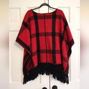 LAUREN RALPH LAUREN • Red & Black Plaid Wool Cape with Tassels, Size Sma…